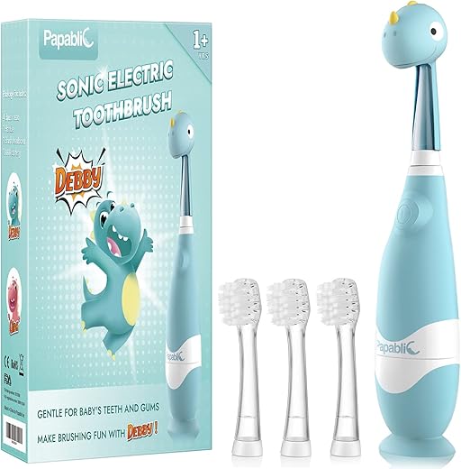 Escova de Dentes Elétrica Sonic para Crianças de 1-3 Anos, com Capa de Dinossauro Fofa e Temporizador Inteligente de LED, 4 Cabeças de Escova (Debby) - Papablic