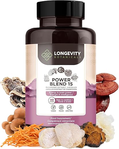 Suplemento de 15 Cogumelos em Cápsulas – Promove um Sistema Imunológico Equilibrado, Clareza Mental, Foco e Relaxamento – 90 Unidades - Longevity Botanicals