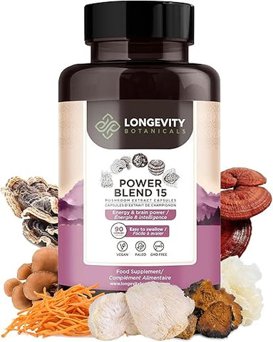 Suplemento de 15 Cogumelos em Cápsulas – Promove um Sistema Imunológico Equilibrado, Clareza Mental, Foco e Relaxamento – 90 Unidades - Longevity Botanicals