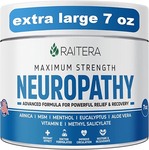 Raitera - Creme Alívio Neuropatia – 200g – Máxima Potência Alívio Nervoso para Pés Mãos Pernas Dedos – Ingredientes Naturais Incenso Mirra Arnica Aloe Vera Emu MSM Hemp – Fórmula de Ação Rápida