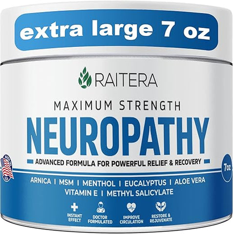 Raitera - Creme Alívio Neuropatia – 200g – Máxima Potência Alívio Nervoso para Pés Mãos Pernas Dedos – Ingredientes Naturais Incenso Mirra Arnica Aloe Vera Emu MSM Hemp – Fórmula de Ação Rápida