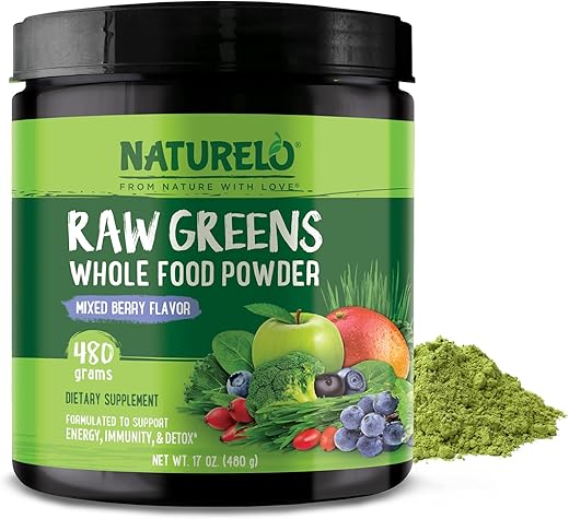 Raw Greens Superfood Powder – Sabor de Frutas Vermelhas – Energia, Desintoxicação, Saúde – Spirulina Orgânica – Grama de Trigo – Nutrição Completa de Frutas – Marca NATURELO - NATURELO