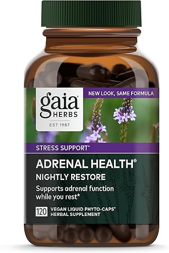 Adrenal Health Nightly Restore – Suplemento Herbal com Ashwagandha, Casca de Magnólia, Cordyceps, Melissa e Mais – 120 Cápsulas Líquidas Veganas de Fitoterapia (60 Porções) - Gaia Herbs