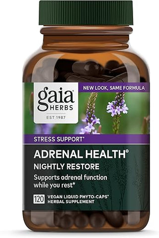 Adrenal Health Nightly Restore – Suplemento Herbal com Ashwagandha, Casca de Magnólia, Cordyceps, Melissa e Mais – 120 Cápsulas Líquidas Veganas de Fitoterapia (60 Porções) - Gaia Herbs