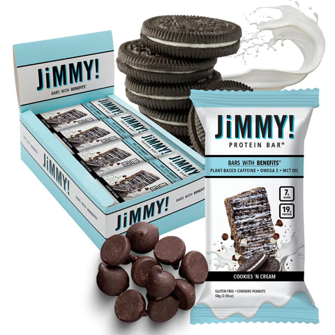 JIMMYBAR - JiMMY’S! Barra de Proteína Funcional – Cookies and Cream – 12 Unidades – 18g Proteína com Cafeína, Ômega 3 e Óleos MCT – Baixo teor de açúcar, sem glúten, Energizante