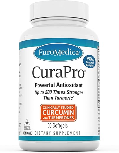 CuraPro – 750mg, 60 Softgels – Curcumina de Cúrcuma de Alta Potência – Estudos Clínicos em Fígado, Cérebro, Coração - Euromedica