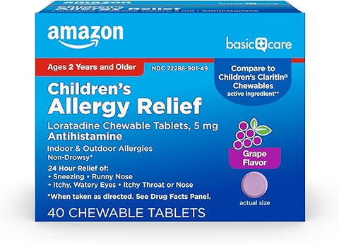 Crianças Alívio de Alergia, Comprimidos Mastigáveis de Loratadina, 5 mg, Medicamento de 24 Horas, Sabor Uva, 40 Unidades - Amazon Basic Care
