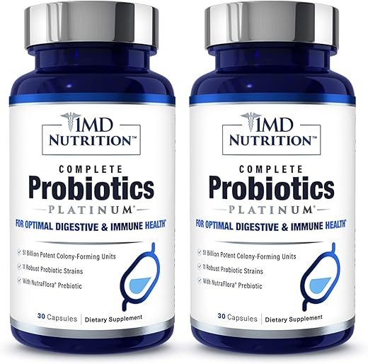 1MD Nutrition - 1MD Complete Probiotics Platinum | Suporte à Saúde Digestiva | com Prebióticos Nutritivos, 51 Bilhões de UFC Vivos, 11 Cepas, Sem Laticínios | 30 Cápsulas Vegetais (2-Pack)