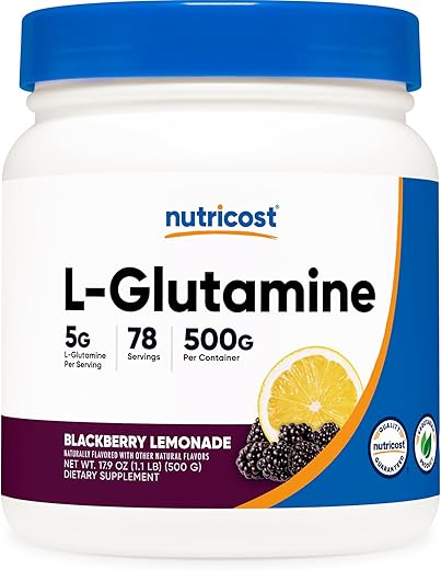 L-Glutamina em Pó Adoçado com Stevia (500g, Limonada de Amora) – Suporte para o Intestino, 5g de L-Glutamina por Porção – Livre de Glúten - Nutricost