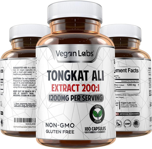 Extrato de Tongkat Ali 200:1, 1200MG Por Porção – 180 Cápsulas Veganas – Energia e Resistência – Livre de Glúten, Não-OGM – Qualidade Premium - Vegan Labs