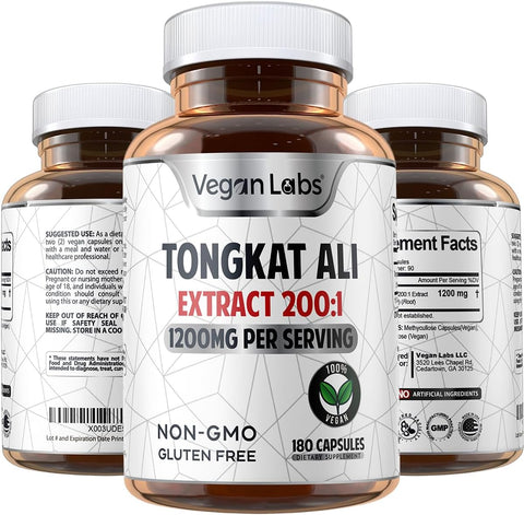 Extrato de Tongkat Ali 200:1, 1200MG Por Porção – 180 Cápsulas Veganas – Energia e Resistência – Livre de Glúten, Não-OGM – Qualidade Premium - Vegan Labs