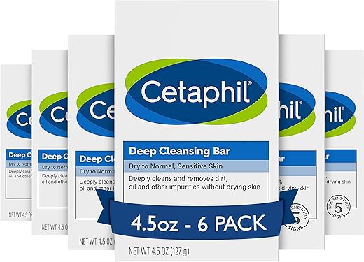 Sabonete em Barra Cetaphil, Limpeza Profunda para Rosto e Corpo, 130g (Pack com 6), Para Pele Seca a Normal, Sensível, Livre de Sabão, Hipoalergênico, Sem Parabenos, Remove Maquiagem, Sujeira e Oleosidade