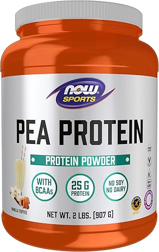 Sports Nutrition – Proteína de Ervilha 25g com BCAAs, Fácil Digestão, Pó de Baunilha Toffee, 2 Libras - NOW Foods