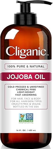 Óleo de Jojoba Cliganic Non-GMO, a Granel 473ml | 100% Puro, Natural, Extraído a Frio, Não Refinado, Livre de Hexano para Cabelos