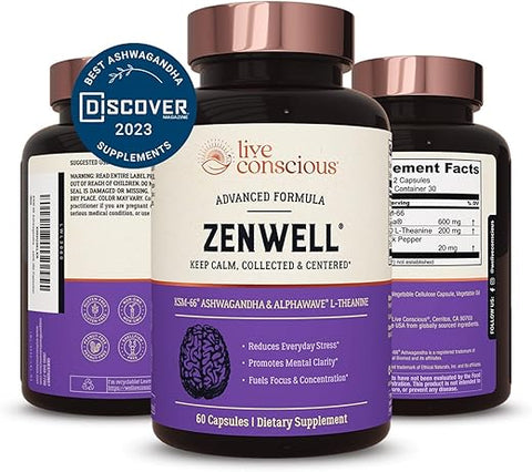 KSM-66 Ashwagandha com L-Theanine – Suplemento de Ashwagandha com Foco e Relaxamento – 60 cápsulas - Live Conscious