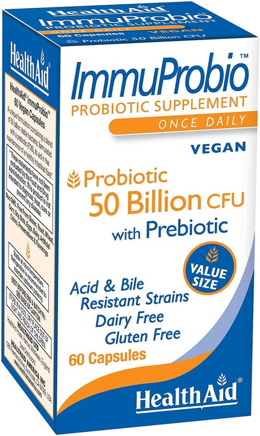 HealthAid - ImmuProbio 60 Caps – 50 Bilhões UFC com Prebiótico, Diário, Ácido – Marca ImmuProbio