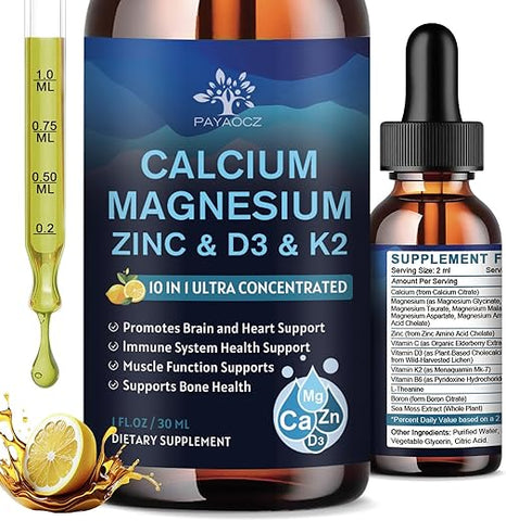 PAYAOCZ - (2 Pacotes) Suplemento de Magnésio Cálcio Zinco com Vitamina C D3 K2, Gotas Líquidas Veganas de Magnésio Glicinato, L-Teanina, Boro e Extrato de Musgo do Mar – Suporte Imunológico, Ósseo e do Sono