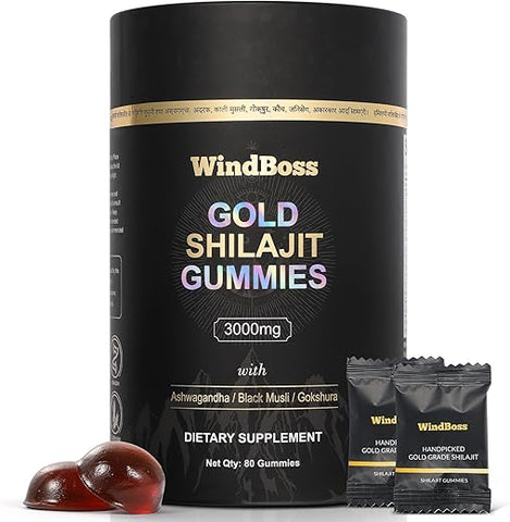 WindBoss - Shilajit Gummies | Shilajit Himalaia Grau Ouro com Ashwagandha e Gokshura para Homens | 60 gomas