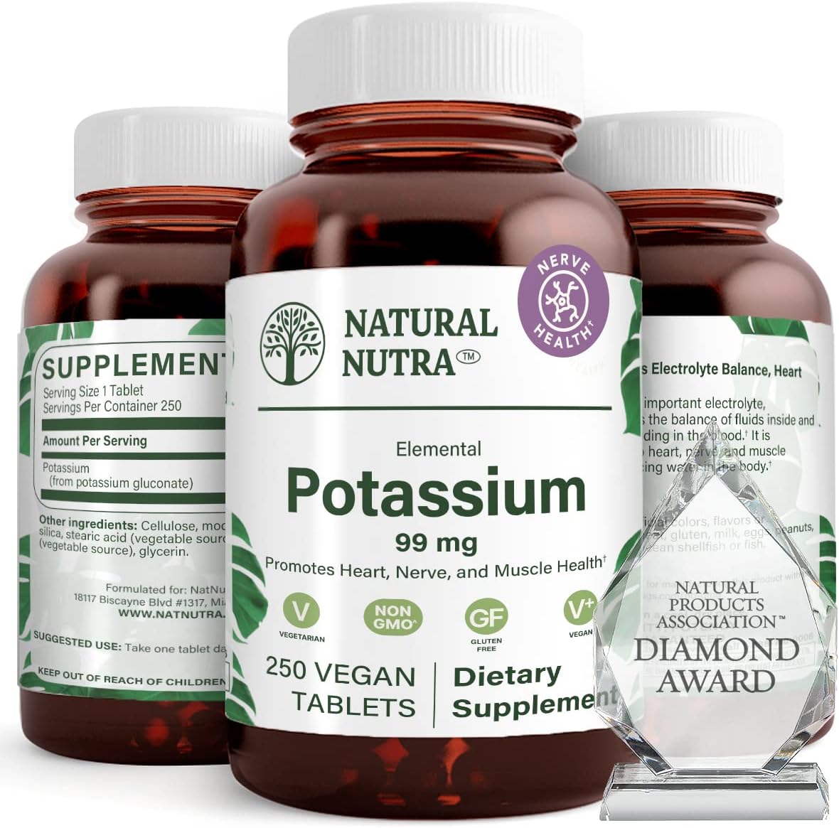 Gluconato de Potássio Elemental 99 mg – Energia, Sistema Nervoso, Saúde Cardíaca, Regulação Mineral, Função Muscular – 250 Comprimidos Veganos - Natural Nutra