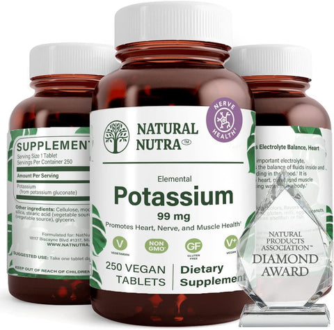 Gluconato de Potássio Elemental 99 mg – Energia, Sistema Nervoso, Saúde Cardíaca, Regulação Mineral, Função Muscular – 250 Comprimidos Veganos - Natural Nutra