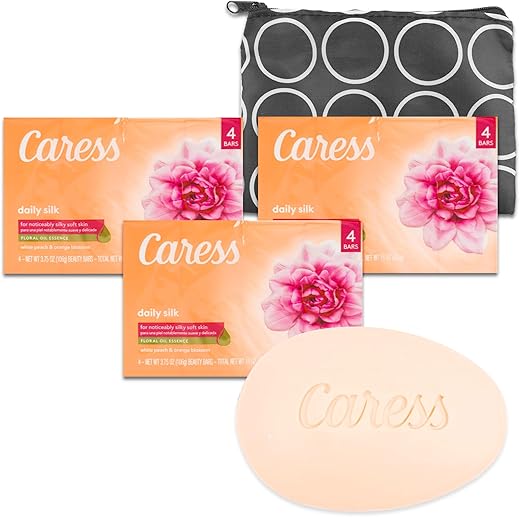 World's Finest - Caress Pack Sabonete – Pack de 12 Barras de Sabonete Caress Daily Silk 3,75 Oz (111 ml) – Sabonetes Caress Body Pack, Pêssego Branco Flor de Laranjeira com Bolsa de Viagem Bônus | Caress Body Wash