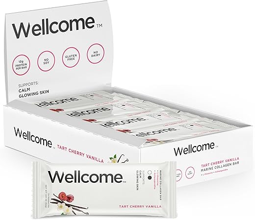 Barra de Proteína de Colágeno Marinho de Cereja Tart Cherry Vanilla Wellcome com Ashwagandha e L-Theanine – Snack Adaptogênico – Barra Saudável Livre de Laticínios para um Estilo de Vida Ativo Funcional (Pacote de…)