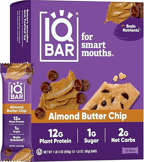 Generic - IQ BAR, Barra de Proteína Vegetal para o Cérebro e o Corpo – Amêndoa com Manteiga de Amendoim – 12 Unidades, Baixo Carboidrato, Alto Teor de Fibras, Sem Glúten, Lanche Vegano – Barras Energéticas com Baixo Teor de Açúcar para Dieta Keto