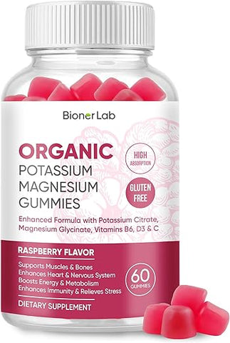 BionerLab - Gomas de Potássio Magnésio com Vitamina D3 B6 C – Alta Absorção Potássio 99mg Magnésio Glicinato 250mg Suplementos Mastigáveis para Mulheres Homens Adultos Crianças