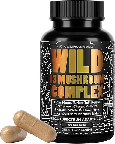 Complexo de Suplemento de Cogumelos Premium Wild Foods | Extrato de Cogumelo 13 Cogumelos Orgânicos: Cabeça de Leão, Cauda de Peru, Reishi | 100% Natural e Potente