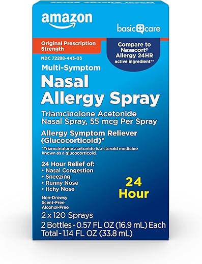 Spray Nasal para Alergia Amazon Basic Care Triamcinolona Acetonida Multi-Sintomas, 55 mcg, 16,9 ml (Pack com 2)