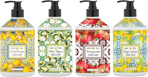 Home & Body Company - Sabonete Líquido em Azulejos | Home and Body Company | 635 ml Frascos | Kit com 4 | Laranja Doce | Tomilho Oliva | Romã | Limão Meyer