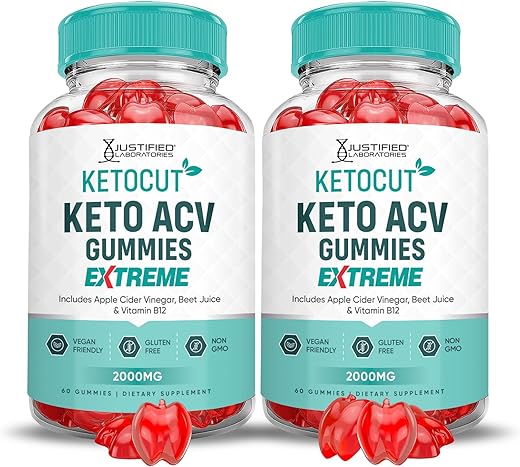 Justified Laboratories - (2 Pacotes) Gomas Ketocut Keto ACV Extreme 2000MG Keto Cut Gomas Keto Vinagre de Maçã Formulado com Suco de Romã em Pó B12 Vegano Não GMO 120 Gomas