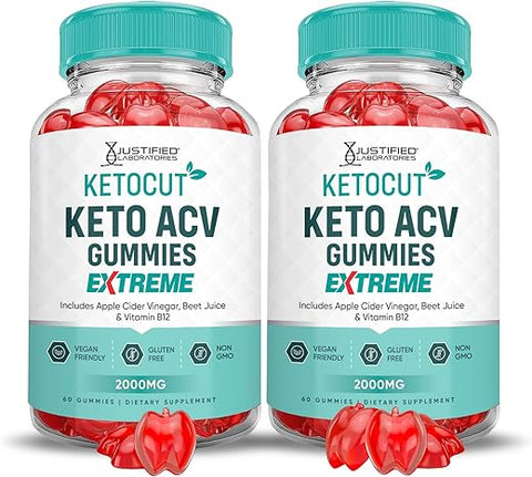 Justified Laboratories - (2 Pacotes) Gomas Ketocut Keto ACV Extreme 2000MG Keto Cut Gomas Keto Vinagre de Maçã Formulado com Suco de Romã em Pó B12 Vegano Não GMO 120 Gomas