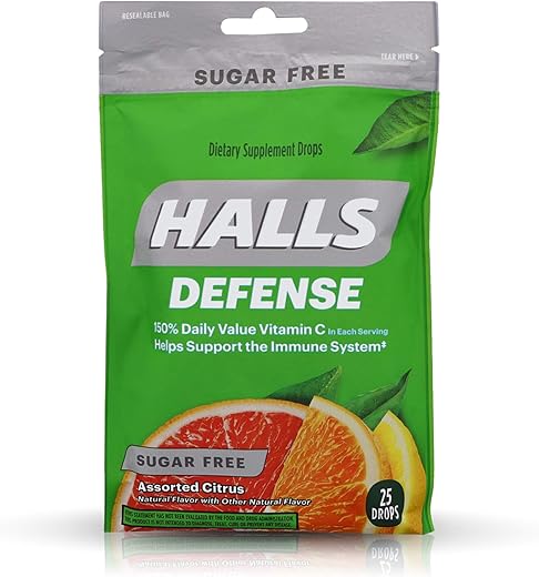 Defense Drops de Vitamina C Sem Açúcar, Cítricos Sortidos – 25 un, Pack com 4 – Halls Defense - Halls