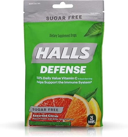 Defense Drops de Vitamina C Sem Açúcar, Cítricos Sortidos – 25 un, Pack com 4 – Halls Defense - Halls