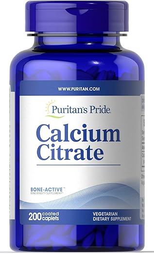 Puritan's Pride - Puritan’s Pride – Citrato de Cálcio 200 mg por cápsula revestida, Branco, 200 unidades