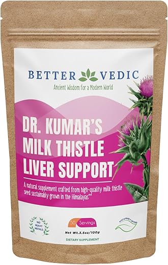 Better Vedic - Milk Thistle Max – Suporte ao Fígado – Pó Puro de Cardo Mariano – Silymarin, Suplemento Herbal Ayurvédico Tradicional – Vegano, Secado ao Sol, Sem Conservantes – 100g – 50 Porções