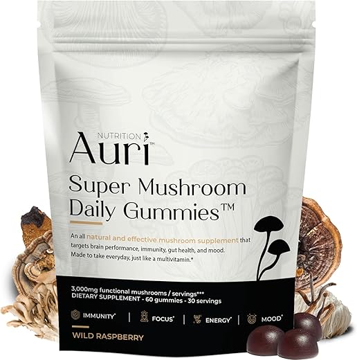 Super Mushroom Gummies – Suplemento Diário de Cogumelos em Goma – Mistura de 12 Cogumelos com Chaga, Lions Mane, Reishi, Cordyceps – 60 Gummies - Auri
