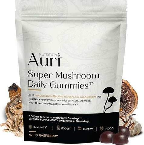 Super Mushroom Gummies – Suplemento Diário de Cogumelos em Goma – Mistura de 12 Cogumelos com Chaga, Lions Mane, Reishi, Cordyceps – 60 Gummies - Auri