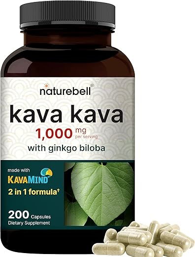 Cápsulas de Kava Kava 1000mg com Ginkgo Biloba, 200 Unidades | Extrato Nobre de Raiz de Kava com Kavalactonas Ativas – Complexo de Relaxamento KavaMind à Base de Plantas, Não-OGM - NatureBell