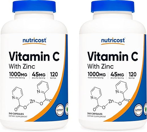 Vitamina C com Zinco Cápsulas, 120 Porções (2 Pacotes) – 1000mg Vitamina C, 45mg Zinco, Livre de Transgênicos, Sem Glúten - Nutricost