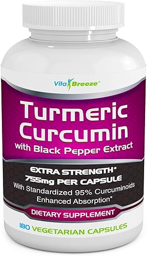 VitaBreeze - Complexo de Curcumina de Cúrcuma com Extrato de Pimenta Preta – 755mg por Cápsula, 180 Cápsulas Vegetais – Contém Piperina (para Absorção Superior e Bio-disponibilidade da Cúrcuma) e 95%