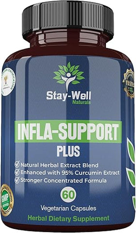 Stay-Well Naturals - Infla-Support Plus – Suplemento Herbal de 1.500mg com Extrato de Curcuma e Ashwagadha, Shatavari, Kavach, Fenugreek, Pippali, Guduchi, Shilajit, Goshura e Sunthi 60ct