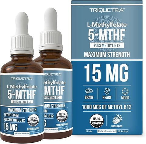 Triquetra Health - L Methyl Folate 15mg Plus Methyl B12 Cofator – Orgânico, Sabor de Frutas Vermelhas, Alta Potência, Líquido Sublingual, Forma Ativa 5-MTHF – Suporta Humor, Metilação da Homocisteína