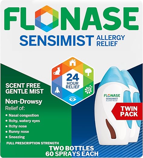 Sensimist Spray Nasal para Alívio de Alergia – Pacote com 2 Frascos de 60 Sprays cada – Alívio Não Sonolento de Múltiplos Sintomas para Crianças e Adultos – Total de 120 Sprays - Flonase