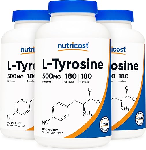 L-Tyrosine 500mg – 180 Cápsulas (3 Frascos) | Aumente a Energia e o Foco - Nutricost