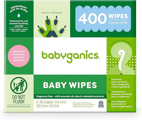 Lenços Umedecidos para Bebês, Sem Perfume, 400 Unidades (5 Pacotes de 80), Não Alérgicos e Formulados com Ingredientes de Origem Vegetal - Babyganics