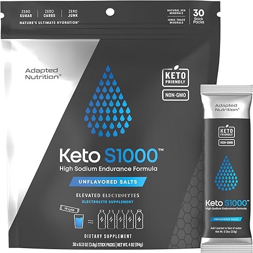 Adapted Nutrition - Keto S1000 Pacotes de Pó de Eletrólitos | Amigável para Keto e Paleo | Sem Açúcar, Sem Calorias, Sem Maltodextrina | Limpo | 30 Pacotes de Bastões de Hidratação de Sal sem Sabor | Marca Keto S1000