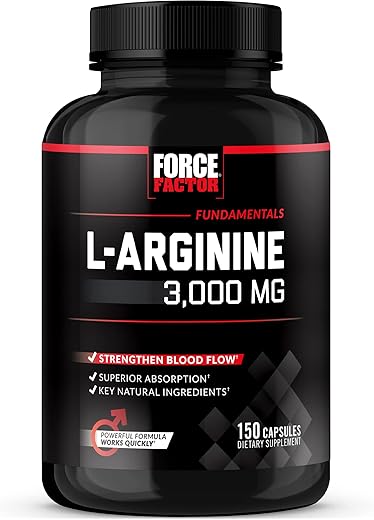 Force Factor - FORCE FACTOR – Suplemento de L-Arginina com Óxido Nítrico e BioPerine para Construção Muscular e Melhor Fluxo Sanguíneo, Circulação, Entrega de Nutrientes e Bombas Musculares – L-Arginina