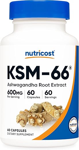 KSM-66 Extrato de Raiz de Ashwagandha 600mg, 60 Cápsulas Vegetais – 5%% Withanolides – com BioPerine – Extrato de Raiz de Espectro Completo - Nutricost